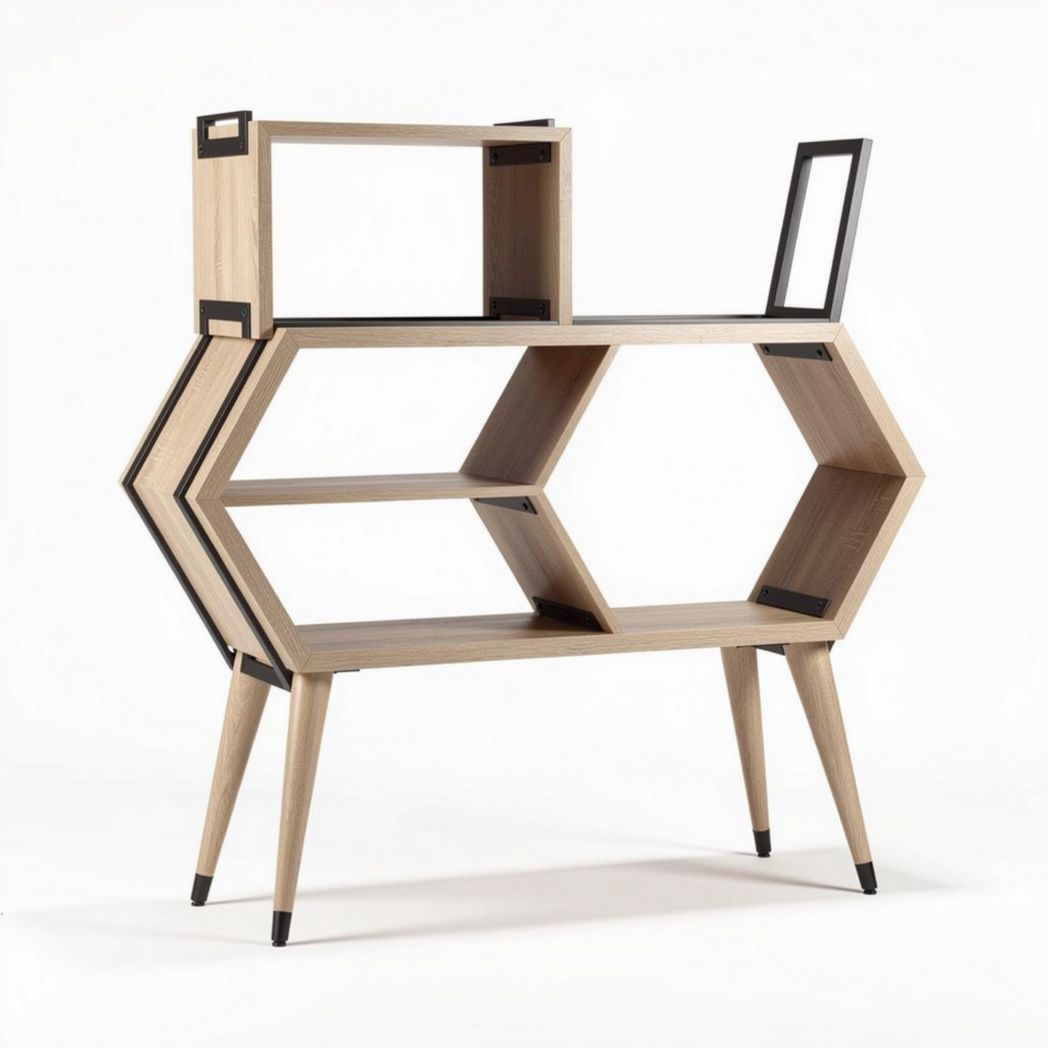 Hexagonal Wood Display Shelf – Suitable for Home Decor and Organization – Made of Engineered Wood – 110 x 40 x 90cm