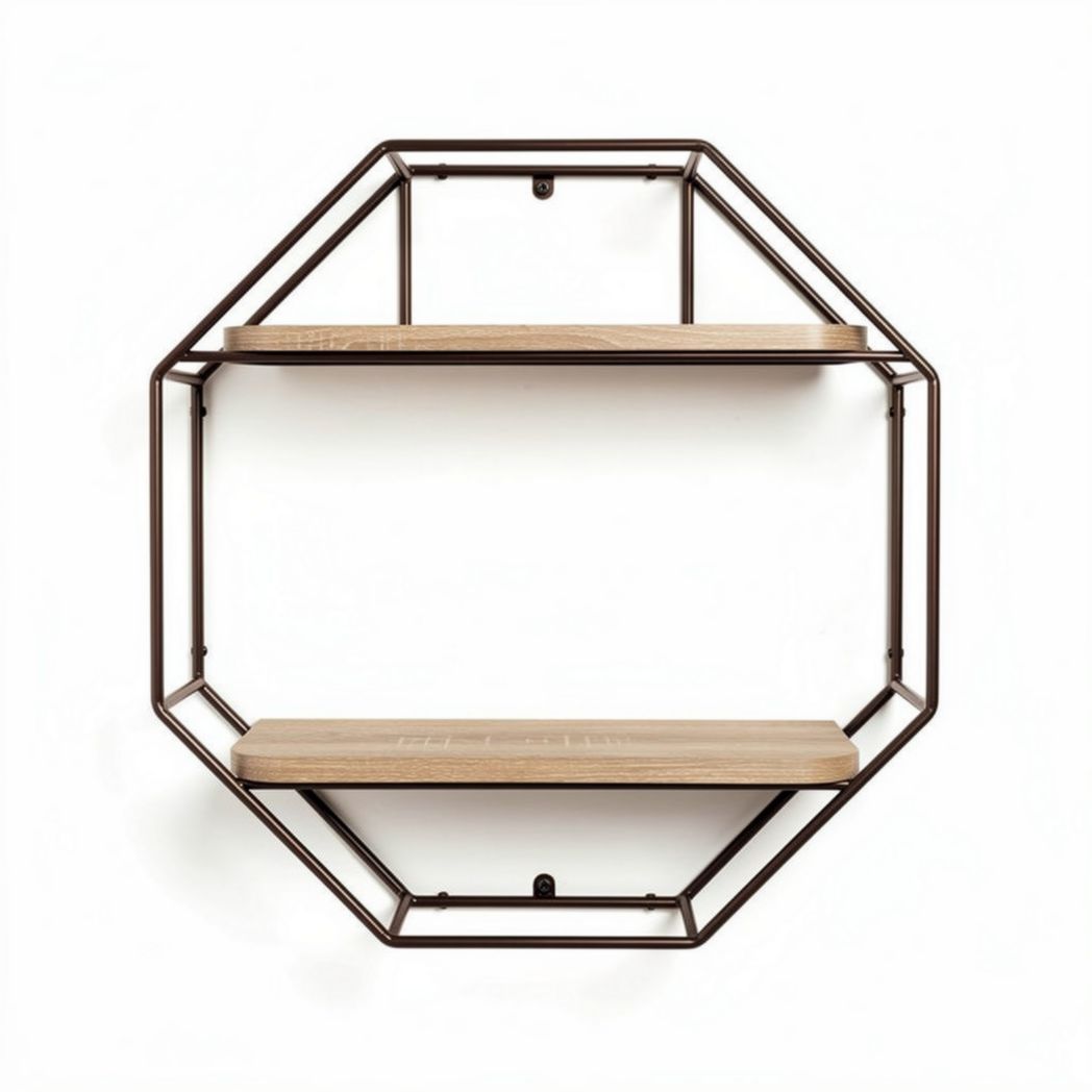 Hexagonal Metal Wall Shelf with Wooden Shelves for Home Decor – 60 x 60 x 15cm