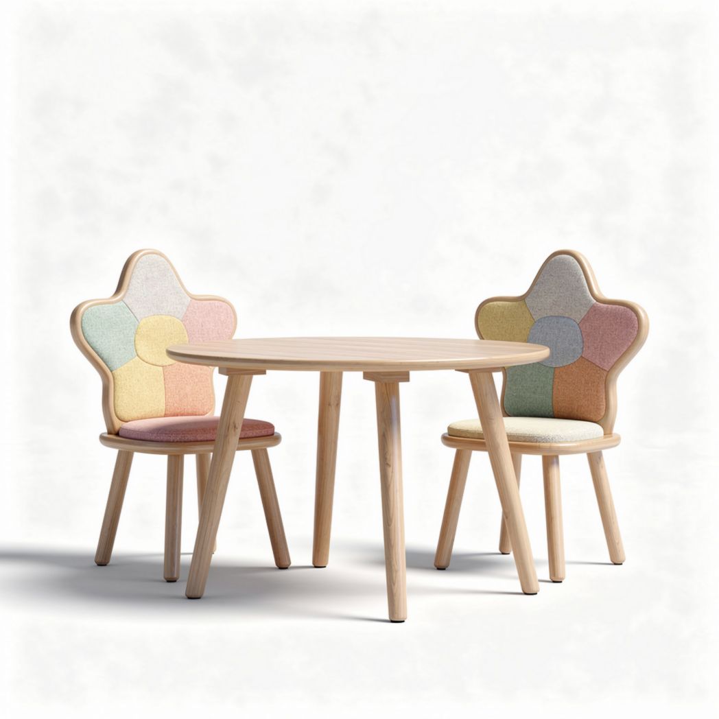 Flower-Shaped Children's Table and Chair Set – Suitable for Playrooms or Nurseries – Made of Wood and Fabric – Estimated Dimensions: 75 x 75 x 75cm